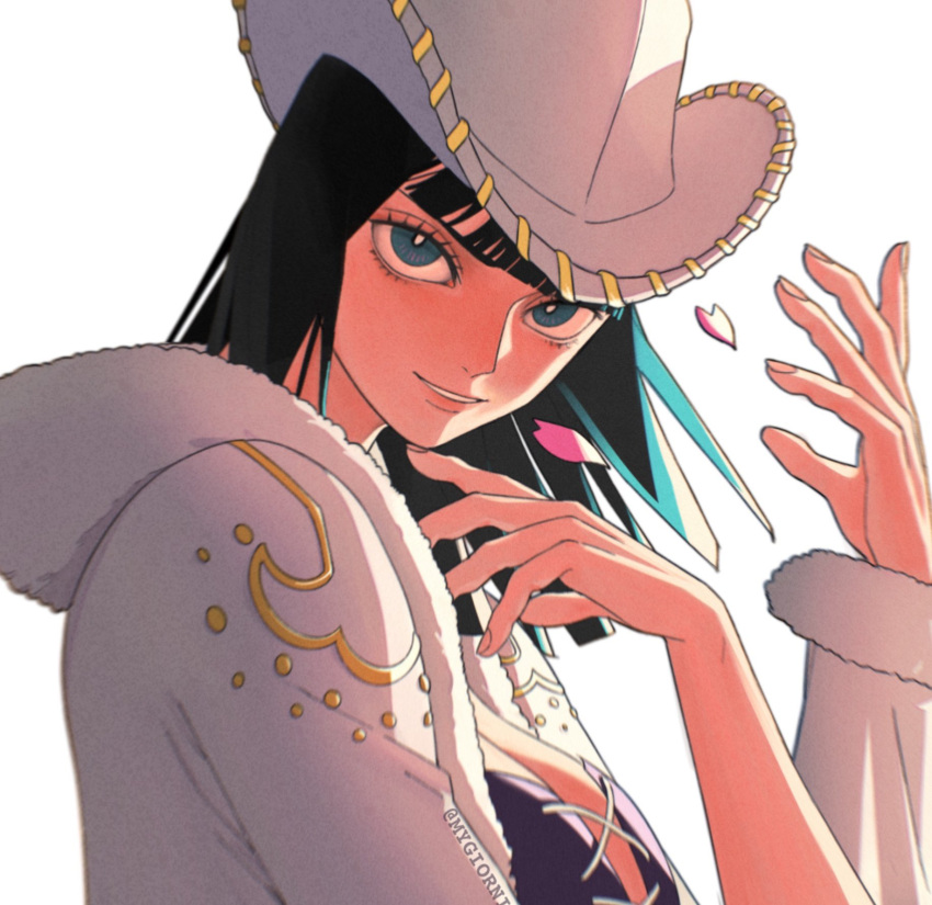 1girl black_hair blue_eyes blunt_bangs coat cowboy_hat cross-laced_clothes cross-laced_top english_commentary fur-trimmed_coat fur_trim hat highres light_smile medium_hair mygiorni nico_robin one_piece petals pink_petals simple_background solo upper_body white_background white_coat white_hat