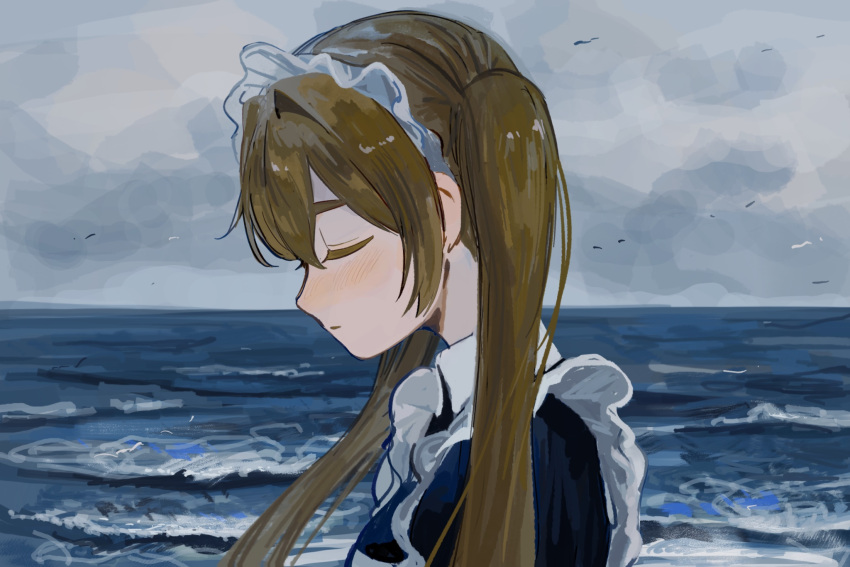 1girl apron black_shirt blonde_hair blush closed_eyes cloud cloudy_sky facing_down frilled_apron frills from_side hair_between_eyes highres horizon inu_dakisime long_hair long_sleeves maid maid_headdress ocean original parted_lips profile shirt sidelocks sky solo twintails water white_apron
