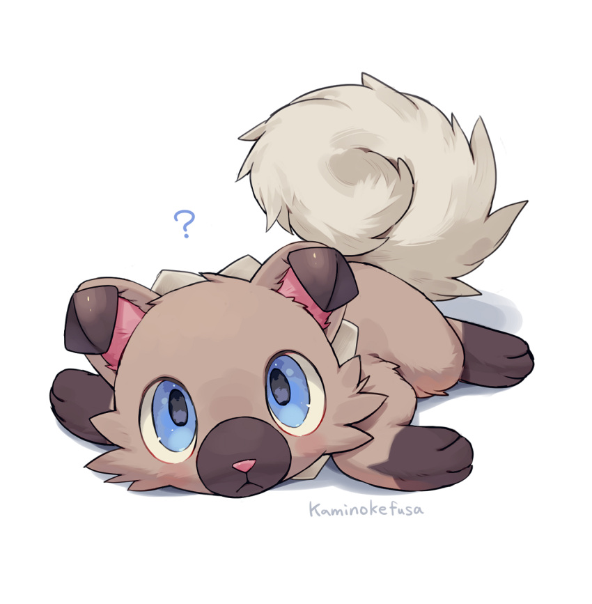 artist_name blue_eyes brown_tail dog full_body highres kaminokefusa looking_at_viewer lying no_humans on_stomach pokemon pokemon_(creature) rockruff simple_background solo white_background