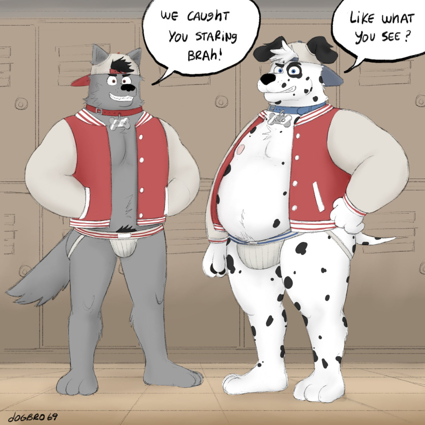 anthro backwards_baseball_cap backwards_hat baseball_cap bulge canid canine canis clothing collar dalmatian dogbro69 domestic_dog duo hat headgear headwear hi_res jockstrap locker_room male mammal overweight rico_(rezznov) underwear