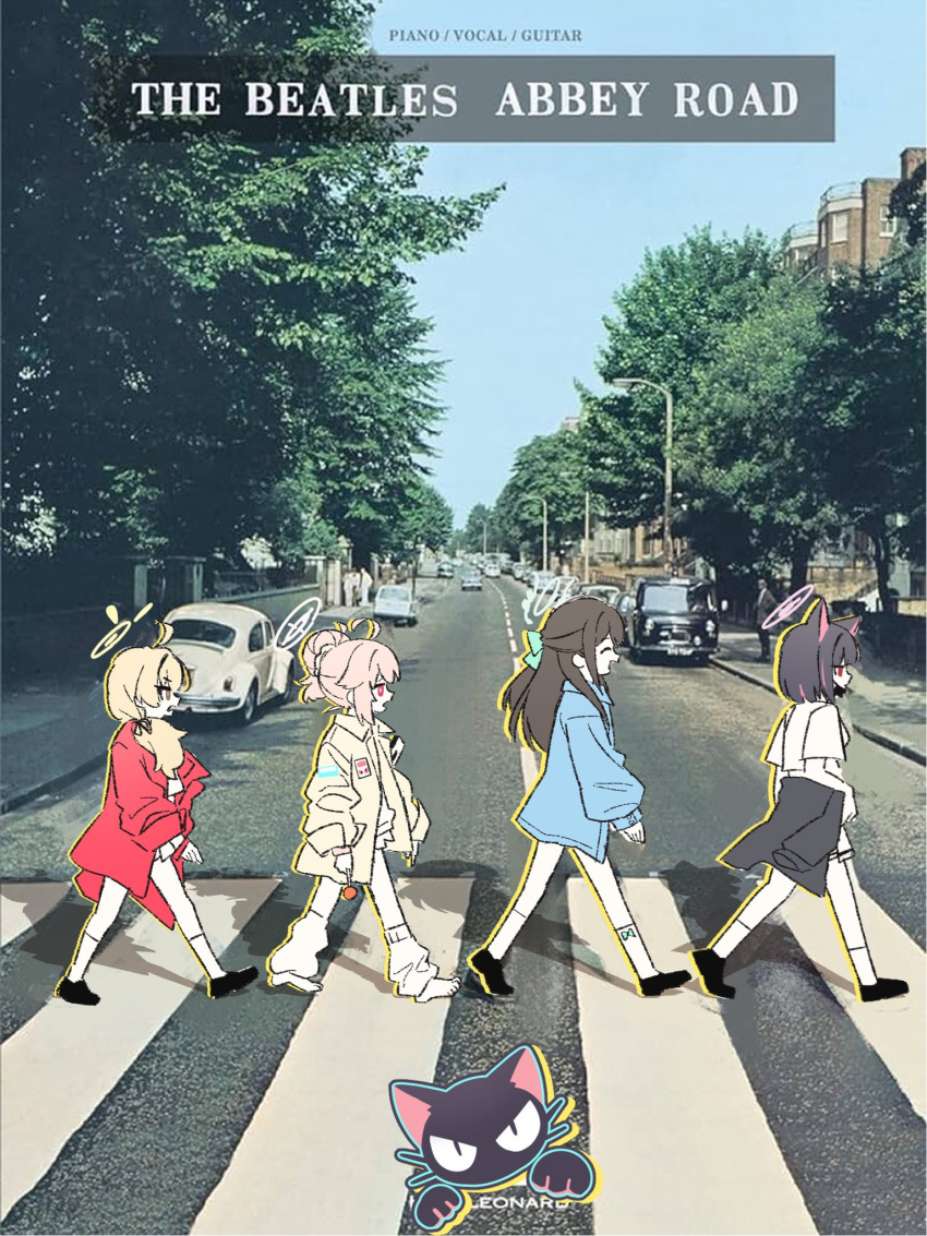 4girls abbey_road airi_(blue_archive) animal_ears blonde_hair blue_archive brown_hair car closed_eyes clothes_around_waist commentary day halo highres kazusa_(blue_archive) long_hair long_sleeves motor_vehicle multicolored_hair multiple_girls natsu_(blue_archive) nemoga open_mouth outdoors parody photo_background profile shirt skirt socks symbol-only_commentary the_beatles walking yoshimi_(blue_archive)