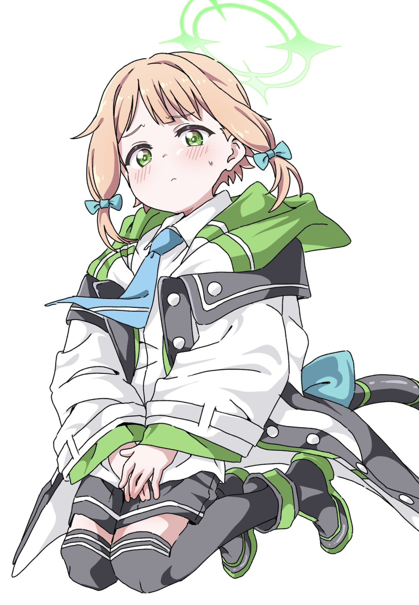 1girl :&lt; black_footwear black_shorts black_thighhighs blonde_hair blue_archive blue_necktie blush bow cat_tail coat commentary_request fujiwara_tatsuroo full_body green_bow green_eyes green_halo hair_bow halo highres long_sleeves looking_at_viewer medium_hair midair midori_(blue_archive) necktie oversized_clothes shirt shorts sidelocks solo sweat tail tail_bow tail_ornament thighhighs thighs white_background white_coat white_shirt wing_collar