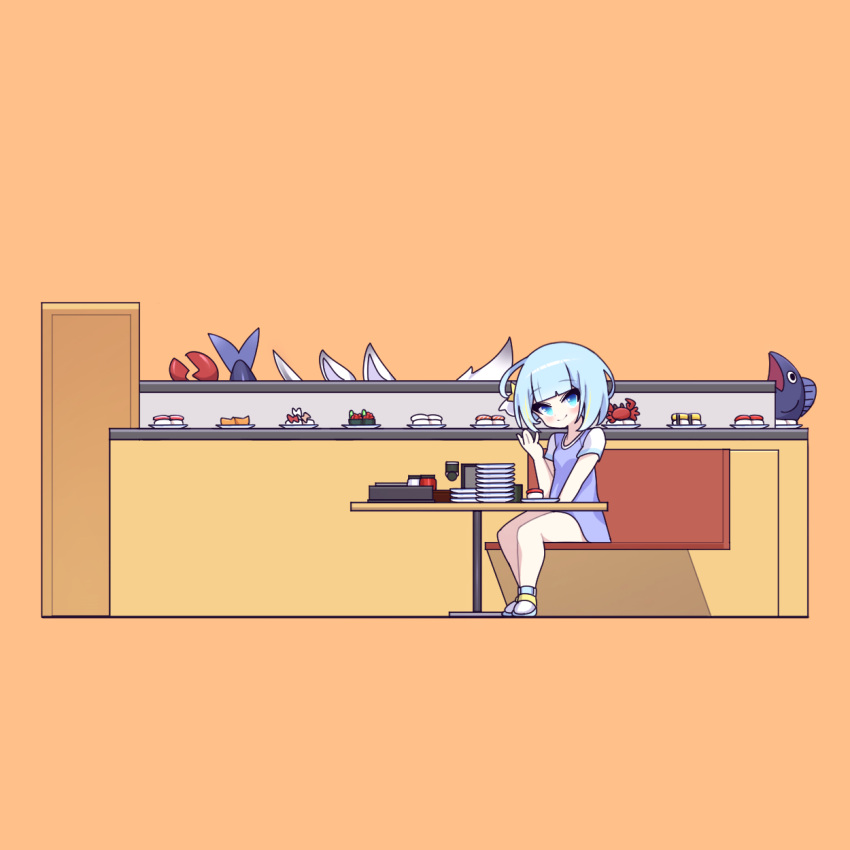 1girl blue_eyes blue_hair cross_(vgne4542) fish food highres jelly_hoshiumi phase_connect short_hair simple_background sitting sushi virtual_youtuber