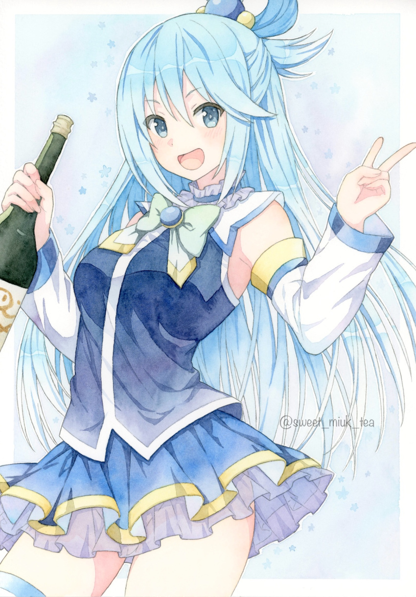 1girl :d aqua_(konosuba) blue_eyes blue_hair blue_shirt blue_skirt bottle cowboy_shot detached_sleeves dress_shirt floating_hair hair_between_eyes hair_ornament highres holding holding_bottle kono_subarashii_sekai_ni_shukufuku_wo! layered_skirt long_hair long_sleeves miniskirt open_mouth painting_(medium) shirt skirt sleeveless sleeveless_shirt smile solo sweet_miuk_tea traditional_media twitter_username v very_long_hair watercolor_(medium) white_sleeves