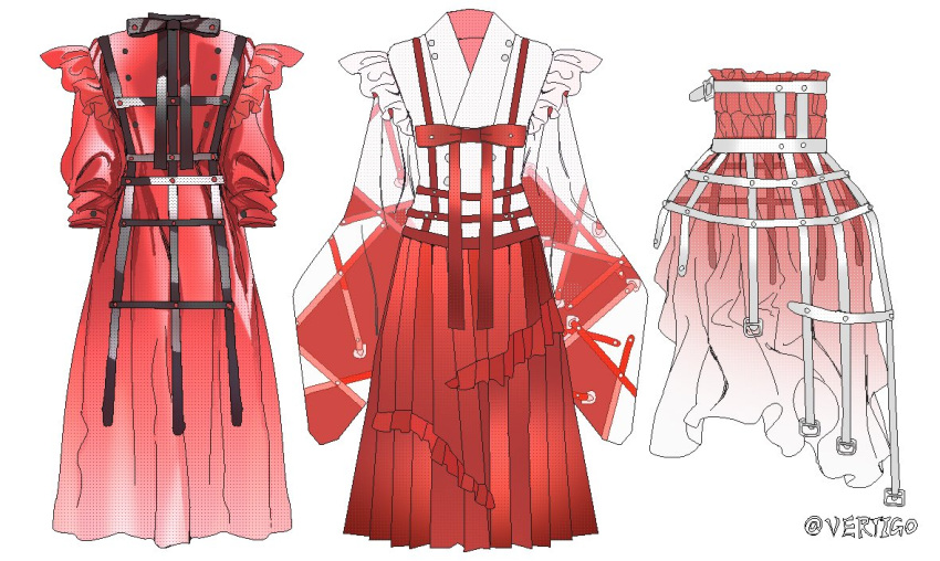 belt belt_buckle black_belt black_bow bow buckle buttons chest_belt clothes_only commentary dress frilled_dress frills gradient_dress hakama hakama_skirt japanese_clothes long_dress long_sleeves multiple_belts no_humans original puffy_long_sleeves puffy_sleeves red_dress red_hakama red_sleeves red_theme simple_background skirt strapless strapless_dress studded_belt symbol-only_commentary too_many too_many_belts tube_dress twitter_username two-tone_sleeves vertigowitch vest white_background white_belt white_sleeves white_vest wide_sleeves