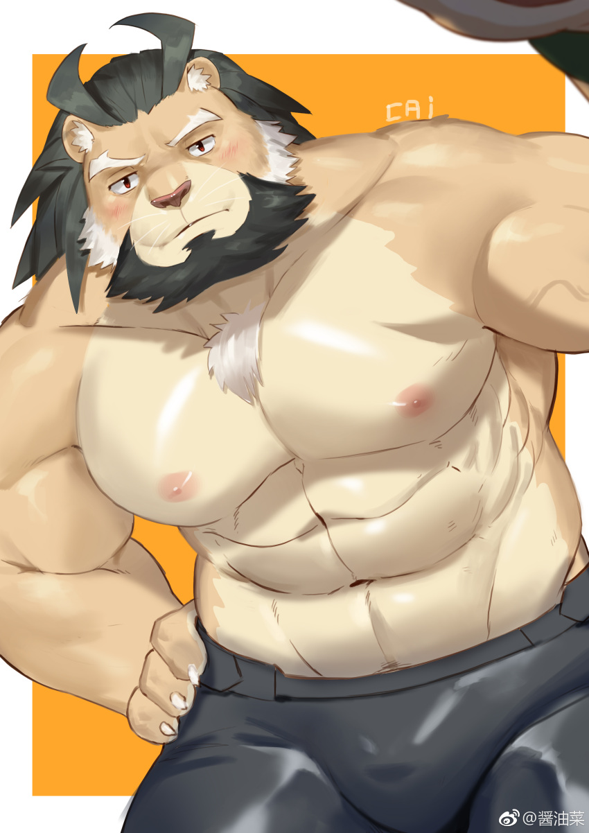 1boy abs absurdres animal_ears arsalan_(housamo) bara beard blush bulge chest_tuft cowboy_shot facial_hair full_beard furry furry_male highres large_pectorals lion_boy lion_ears looking_at_viewer male_focus mature_male medium_hair muscular muscular_male navel nipples pectorals sanpaku seductive_smile shoyuna_(cai1448331577) smile solo standing stomach strongman_waist thick_beard thick_eyebrows tokyo_afterschool_summoners topless_male two-tone_beard