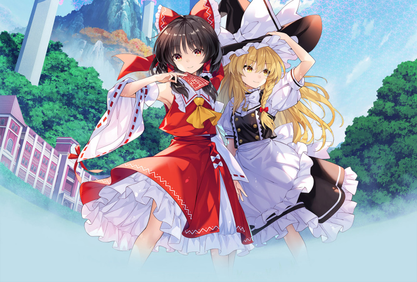 2girls apron armpits ascot black_hair black_hat black_skirt black_vest blonde_hair bow bowtie braid closed_mouth cropped_legs detached_sleeves floating_hair frilled_bow frilled_hair_tubes frilled_skirt frills from_below hair_between_eyes hair_bow hair_tubes hakurei_reimu hat hat_bow highres holding kirisame_marisa layered_skirt long_hair long_sleeves looking_at_viewer multiple_girls official_art red_bow red_eyes red_shirt red_skirt ribbon-trimmed_sleeves ribbon_trim shirt short_sleeves sidelocks single_braid skirt sleeveless sleeveless_shirt smile standing touhou two-tone_skirt very_long_hair vest waist_apron white_apron white_bow white_bowtie white_shirt white_skirt white_sleeves white_trim witch_hat yellow_ascot yellow_eyes