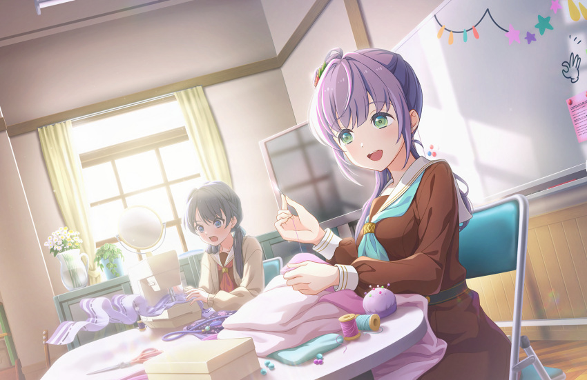 :d aqua_neckerchief blue_eyes blue_hair blue_ribbon brown_cardigan brown_dress cardigan chair clubroom dark_blue_hair dress dutch_angle flower folding_chair game_cg green_eyes hair_flower hair_ornament hair_ribbon hasu_no_sora_school_uniform highres holding holding_sewing_needle in-universe_location indoors link!_like!_love_live! lone_nape_hair long_hair long_sleeves love_live! low_twintails magnet mirror mole mole_on_neck murano_sayaka neckerchief official_art ok_sign on_chair open_cardigan open_clothes open_mouth otomune_kozue pincushion plant pleated_dress purple_hair red_flower red_neckerchief refrigerator_magnet ribbon sailor_collar sailor_dress school_uniform scissors sewing sewing_machine side_ponytail sidelocks sitting smile spool surprised table teeth third-party_source twintails upper_teeth_only vase virtual_youtuber white_flower white_sailor_collar whiteboard winter_uniform