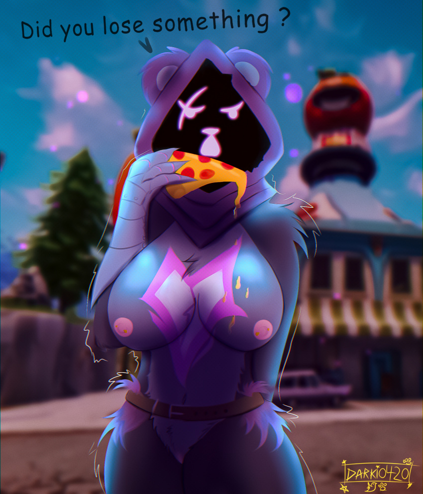 anthro bear big_breasts breasts darkito420 digital_media_(artwork) english_text epic_games eye_scar facial_scar female fortnite fur genitals hi_res hood looking_at_viewer mammal nipples nude purple_body raven_team_leader scar shadow_face solo text