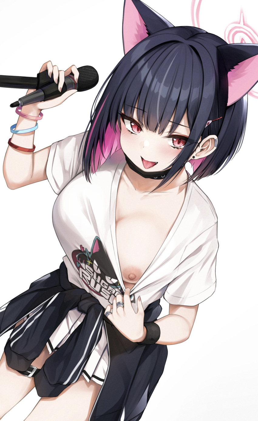 1girl absurdres animal_ears black_hair black_jacket blue_archive bob_cut bracelet breasts cat_ears cat_girl clothes_around_waist clothes_pull clothes_writing colored_inner_hair commentary_request halo highres holding holding_microphone hyouta_(yoneya) jacket jacket_around_waist jewelry kazusa_(blue_archive) looking_at_viewer medium_breasts microphone multicolored_hair nipples pink_eyes pink_hair pink_halo pulled_by_self shirt shirt_pull simple_background skirt solo standing thighs tongue tongue_out two-tone_hair white_background white_shirt white_skirt