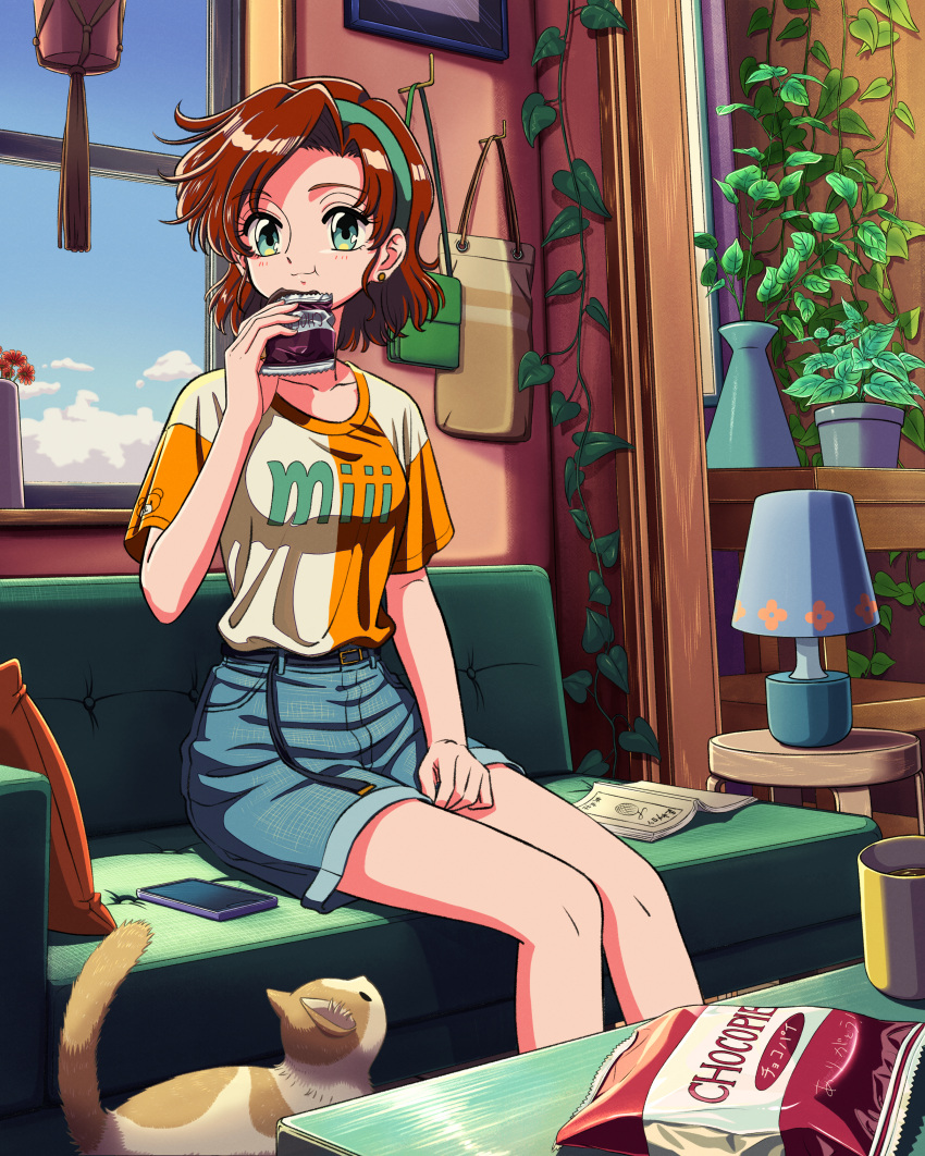 1girl absurdres bag belt blue_shorts brown_hair cat cellphone chocolate coffee_table commentary_request couch cup day denim denim_shorts earrings eating feet_out_of_frame flower food green_eyes hairband highres indoors jewelry lamp living_room looking_at_viewer medium_hair miyu_(miyu_nagata_7) original phone pillow plant potted_plant retro_artstyle shirt short_shorts short_sleeves shorts sitting smartphone smile snack solo t-shirt table translation_request vase window