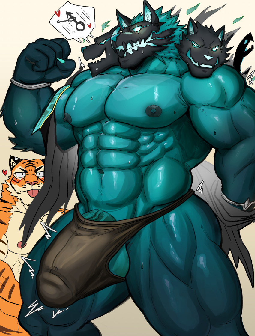 2024 3_heads abs anthro anthro_on_anthro areola balls barazoku biceps big_balls big_bulge big_muscles big_penis blep blush bodily_fluids bulge canid canid_demon canine cerberus cerberus_(fortnite) claws clothed clothing deltoids demon detailed_bulge duo emanata epic_games erection erection_under_clothing european_mythology eyebrows felid fortnite fur gender_symbol genital_outline genitals glistening glistening_body greek_mythology heart_symbol hellhound hi_res huge_balls huge_bulge huge_muscles huge_penis huge_thighs humanoid_genitalia humanoid_penis kemono looking_at_another male male/male male/male_symbol male_symbol mammal miazuma_shouki motion_lines multi_head muscular muscular_anthro muscular_male mythological_canine mythological_creature mythology navel nipples obliques open_mouth open_smile oscar_(fortnite) pantherine pecs penis penis_base penis_outline pictographics quads serratus sexuality_symbol simple_background smile solo_focus speech_bubble standing sweat symbol tenting thick_thighs thong thong_only tiger tongue tongue_out topless topless_anthro topless_male tuft underwear underwear_only vein white_background