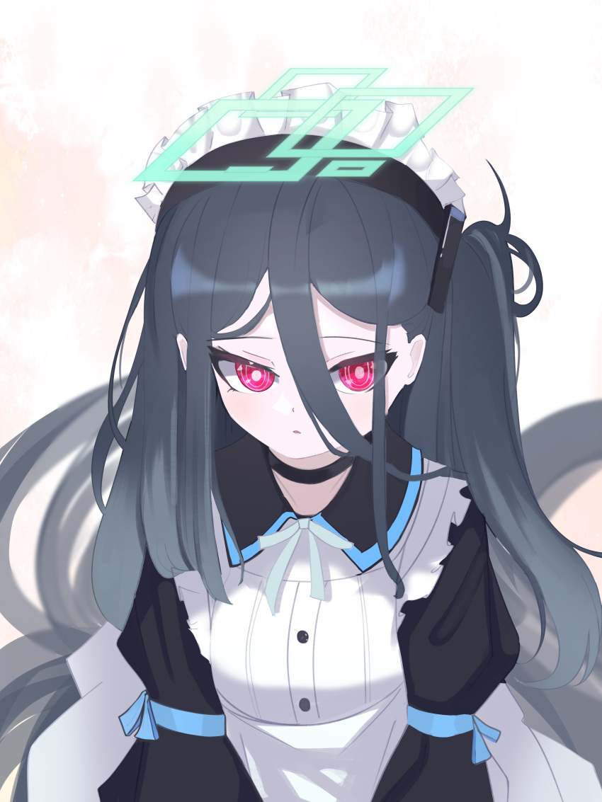 &lt;key&gt;_(blue_archive) 1girl absurdly_long_hair absurdres black_hair black_hairband blue_archive blush collared_shirt green_halo hair_between_eyes hairband halo highres long_hair long_hair_between_eyes long_sleeves looking_at_viewer maid_headdress necktie open_mouth parted_lips rectangular_halo red_eyes ringed_eyes shirt side_ponytail simple_background solo very_long_hair white_shirt yangse77