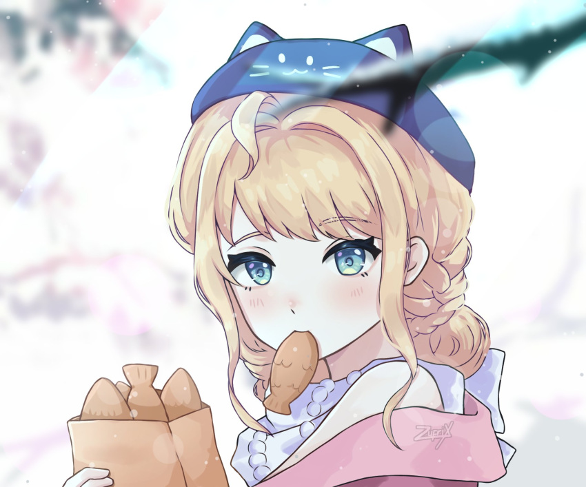 1girl animal_hat aqua_eyes blonde_hair blush braid cat_hat food food_in_mouth hat highres holding holding_food lens_flare looking_at_viewer medium_hair millie_parfait millie_parfait_(3rd_costume) nijisanji nijisanji_en nose_blush off_shoulder signature solo taiyaki virtual_youtuber wagashi zufrix2