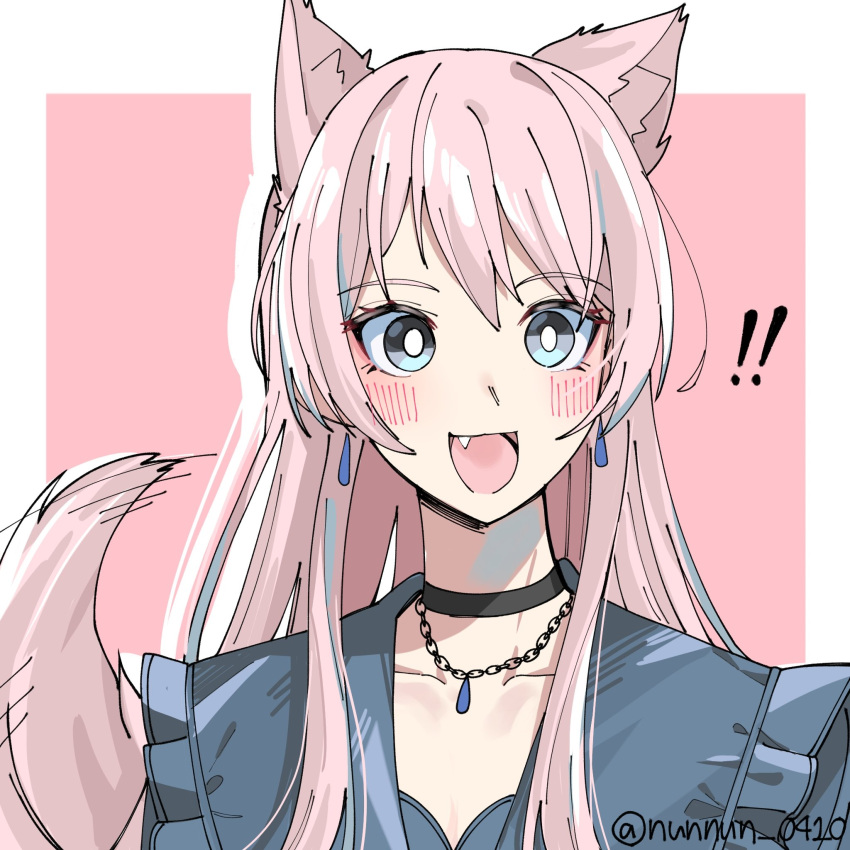 ! !! 1girl animal_ears bang_dream! bang_dream!_it's_mygo!!!!! black_choker blue_jacket blush border breasts chihaya_anon choker cleavage collarbone commentary dog_ears dog_girl dog_tail drop_shadow earrings fang frilled_jacket frills grey_eyes highres jacket jewelry kemonomimi_mode long_hair looking_at_viewer nanami_(nunnun_0410) necklace open_mouth outside_border pink_background pink_hair smile solo tail twitter_username upper_body white_border
