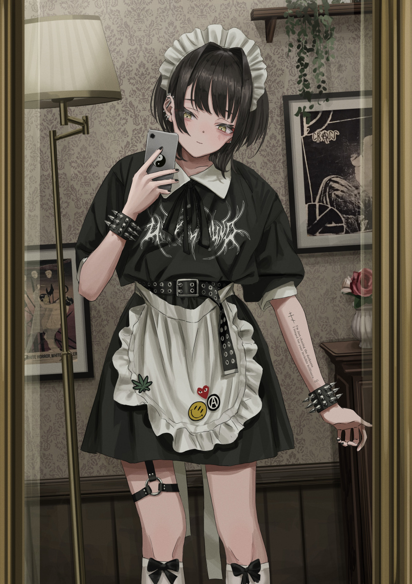 1girl absurdres anarchy_symbol apron arm_tattoo black_dress cellphone dress ear_piercing gishiki_(gshk) gothic_lolita highres lolita_fashion maid maid_apron maid_headdress mirror_selfie original phone piercing smartphone smiley_face solo tattoo unconventional_maid white_apron white_headdress yin_yang