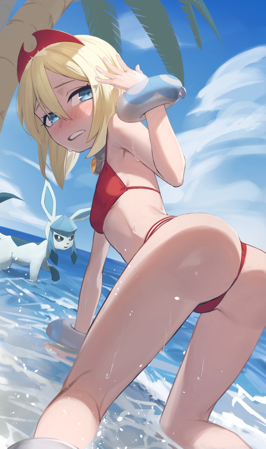 1girl ass bare_shoulders beach bent_over bikini blonde_hair blue_eyes blue_sky blush bracelet breasts chorogon commission fanning_face fanning_self glaceon hair_between_eyes hairband highres hot irida_(pokemon) jewelry looking_at_viewer looking_back neck_ring ocean open_mouth palm_tree partially_submerged pokemon pokemon_legends:_arceus red_bikini shore short_hair skeb_commission sky small_breasts sweat swimsuit tree wet