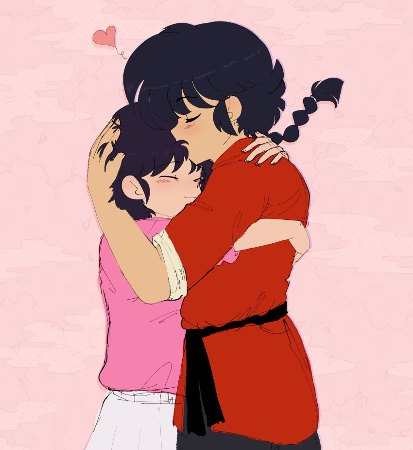 1boy 1girl blush couple heart hetero highres hug pink_sweater plushkaiju ranma_1/2 saotome_ranma simple_background skirt standing sweater tendou_akane white_skirt