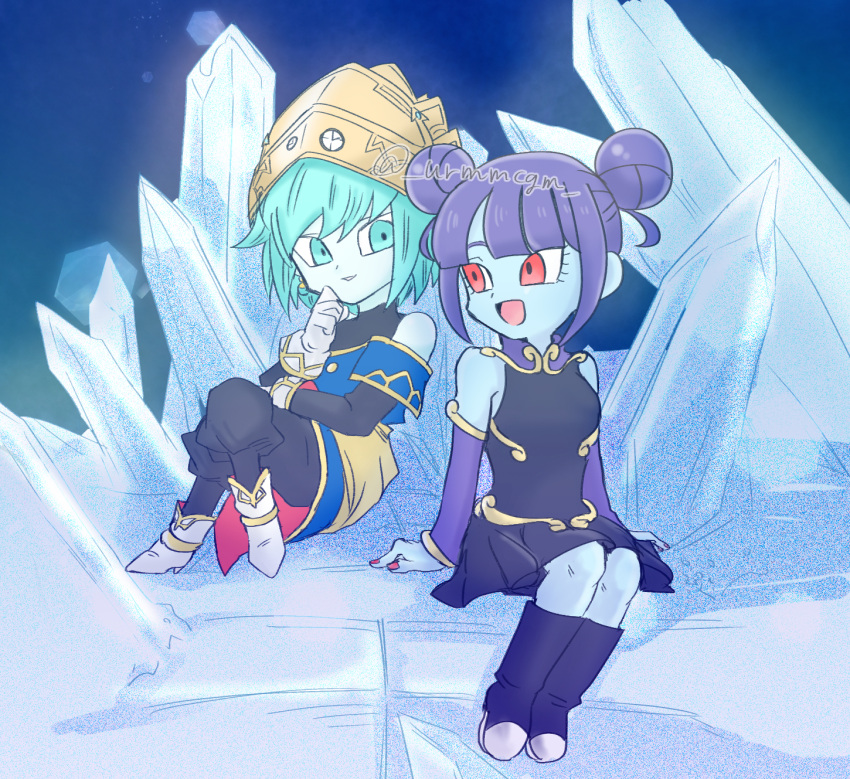 2girls aeos_(dragon_ball) baggy_pants bare_shoulders black_dress black_pants blue_eyes blue_footwear blue_hair blue_skin boots chibi colored_skin crossed_legs double_bun dragon_ball dragon_ball_heroes dress earrings hair_bun highres ice jewelry knee_boots looking_at_another mochigome_(urmmcgm) multiple_girls pants parted_lips potara_earrings purple_hair red_eyes red_nails short_dress short_hair sitting smile tiara twitter_username vidro_(dragon_ball)