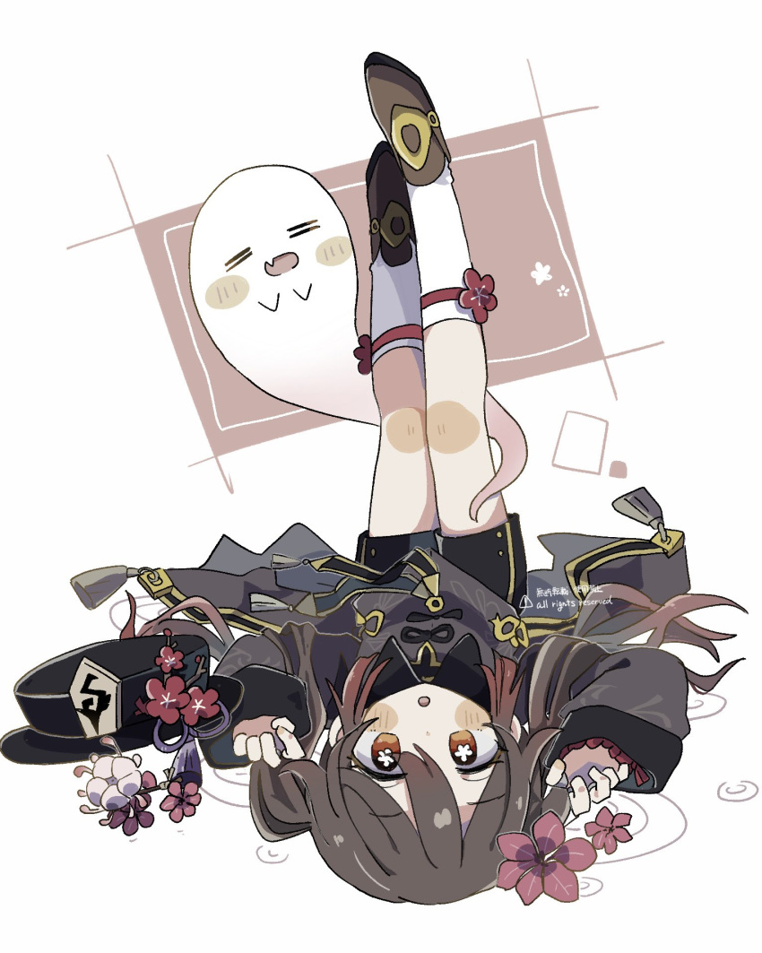 1girl air_(air_en0) black_shorts blush boo_tao_(genshin_impact) bracelet brown_footwear brown_hair closed_eyes fang flower flower-shaped_pupils genshin_impact ghost hashtag-only_commentary hat highres hu_tao_(genshin_impact) jewelry legs_up long_hair long_sleeves looking_at_viewer lying on_back open_mouth red_eyes red_flower ring shoes shorts sidelocks simple_background socks symbol-shaped_pupils unworn_hat unworn_headwear upside-down very_long_hair white_socks