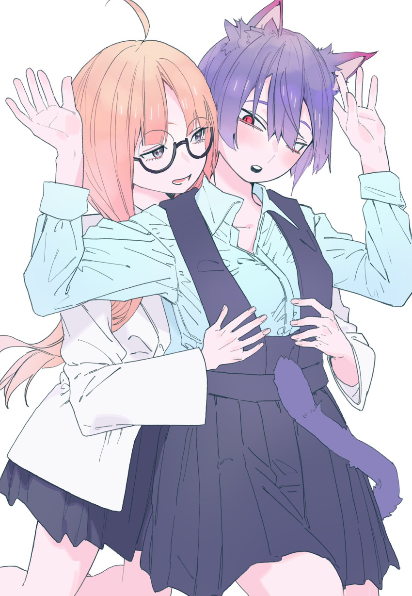 2girls animal_ears black_skirt blue_shirt cat_ears cat_girl cat_tail collared_shirt commentary_request glasses grabbing grabbing_another's_breast grabbing_from_behind grey_eyes hands_up highres jacket kneeling long_hair long_sleeves multiple_girls open_mouth orange_hair original pleated_skirt purple_hair red_eyes shirt short_hair simple_background skirt smile suspender_skirt suspenders tail valentine_(02140314c) white_background white_jacket yuri