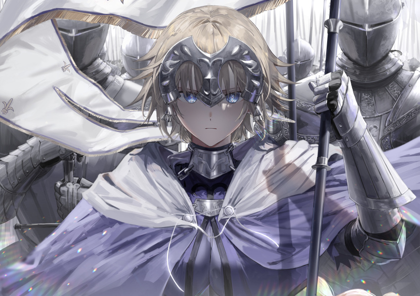 1girl absurdres armor army blonde_hair blue_eyes cloak fate/apocrypha fate_(series) flag full_armor gauntlets helm helmet highres holding holding_flag jeanne_d'arc_(fate) jeanne_d'arc_(ruler)_(fate) polearm purple_cloak serious shiro_(siro_kuten) spear sword weapon