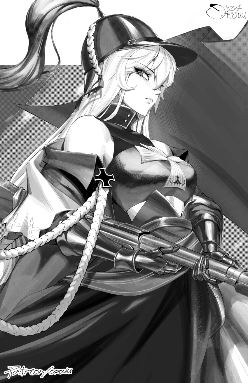 1girl absurdres aiguillette artist_name bolt_action breasts closed_mouth cross dress eyelashes gauntlets girls'_frontline greyscale gun hair_between_eyes helmet highres holding holding_gun holding_weapon iron_cross kar98k_(girls'_frontline) kar98k_(mod3)_(girls'_frontline) long_hair mauser_98 monochrome off_shoulder orouu pickelhaube plume rifle signature solo weapon