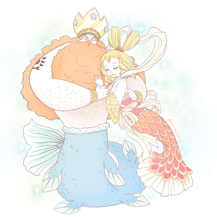 1boy 1girl arm_tattoo beard blonde_hair bracelet closed_eyes couple crown english_commentary facial_hair hagoromo hair_ornament highres hug jewelry long_beard long_hair long_nose mermaid merman miuyumin monster_boy monster_girl neptune_(one_piece) one_piece orange_hair otohime_(one_piece) red_nose sash shawl tattoo topless_male very_long_beard wide_sleeves