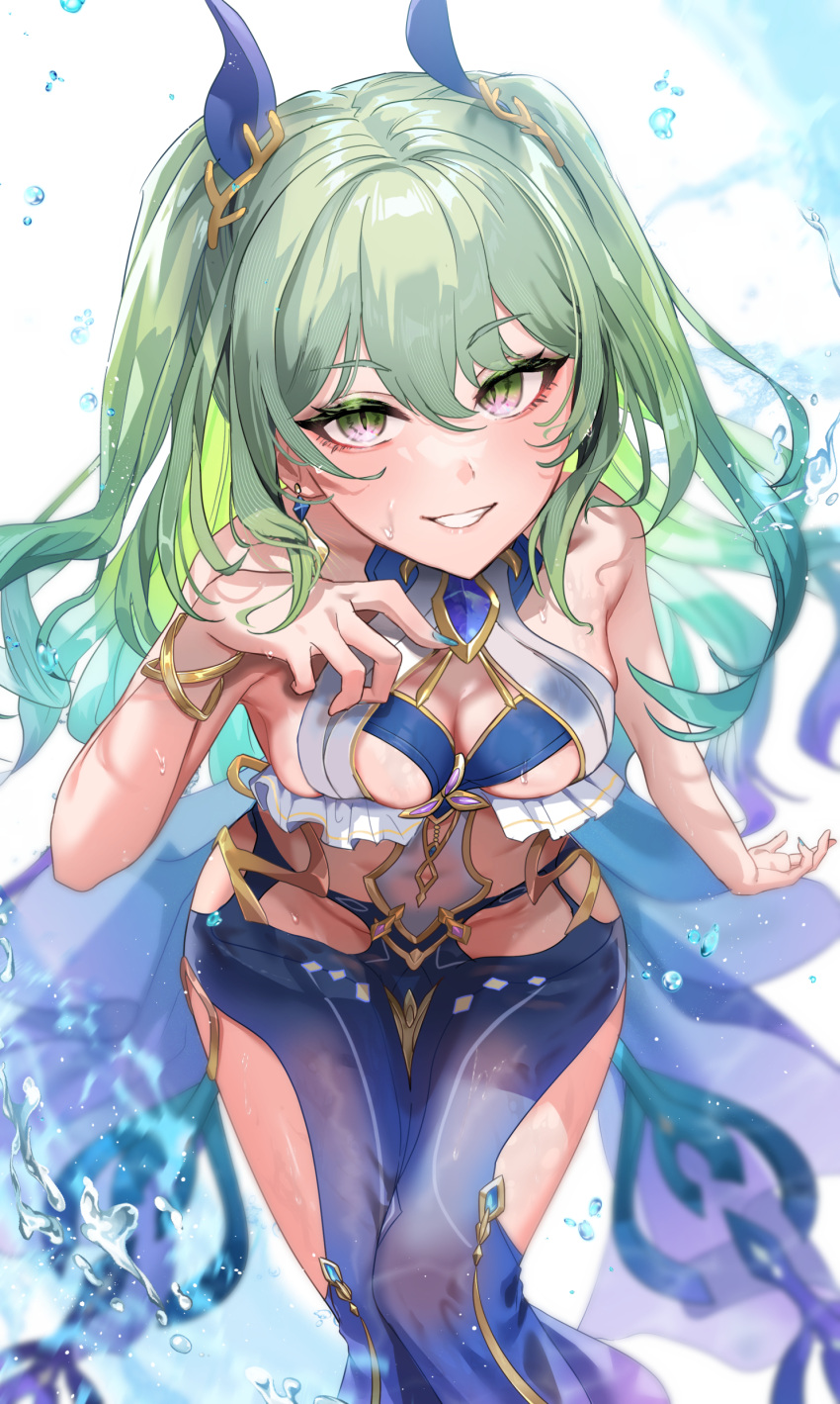 1girl :d absurdres anzu0130 blue_dress blue_nails breasts cleavage dress earrings green_eyes green_hair grin highres honkai_(series) honkai_impact_3rd jewelry long_hair looking_at_viewer medium_breasts mobius_(daughter_of_corals)_(honkai_impact) mobius_(honkai_impact) nail_polish simple_background single_earring slit_pupils smile solo swimsuit teeth tsurime very_long_hair water wet white_background