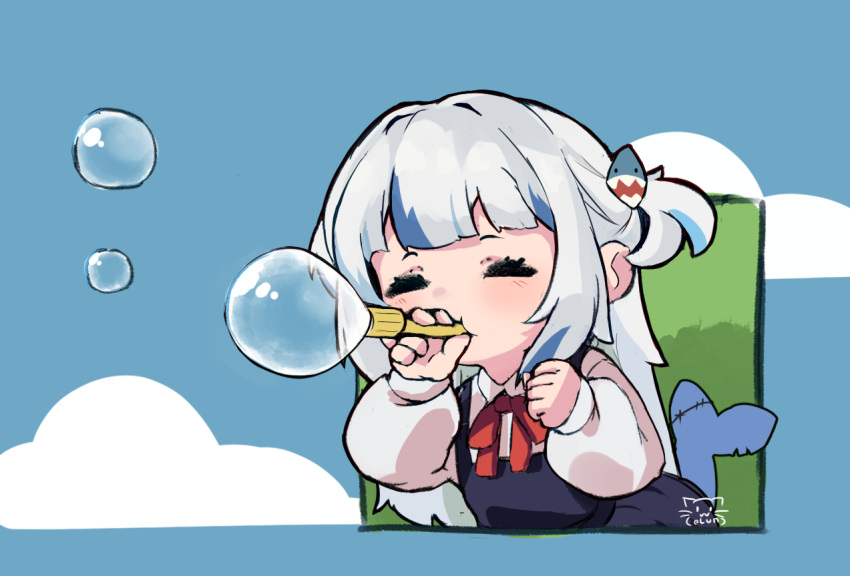 1girl blowing_bubbles blue_dress blue_hair blunt_bangs chibi chibi_only choppy_bangs clenched_hand closed_eyes collared_shirt commentary cosplay dress elun_(elun_00) english_commentary fins fish_tail gawr_gura grey_hair hair_ornament hololive hololive_english long_hair long_sleeves multicolored_hair school_uniform shark_hair_ornament shark_tail shigure_ui_(vtuber) shigure_ui_(vtuber)_(cosplay) shigure_ui_(vtuber)_(young) shirt signature streaked_hair tail two_side_up virtual_youtuber white_shirt