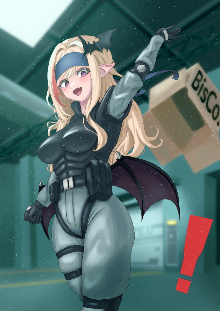 1girl absurdres bandana bat_hair_ornament bat_wings blonde_hair box cardboard_box cosplay fang fyretrck26 hair_ornament highres kou_mariya long_hair low_wings metal_gear_(series) metal_gear_solid mole mole_under_eye open_mouth pink_eyes pointy_ears skin_fang snake_box_sneak sneaking_suit snowing solid_snake solid_snake_(cosplay) solo standing v4mirai virtual_youtuber wings