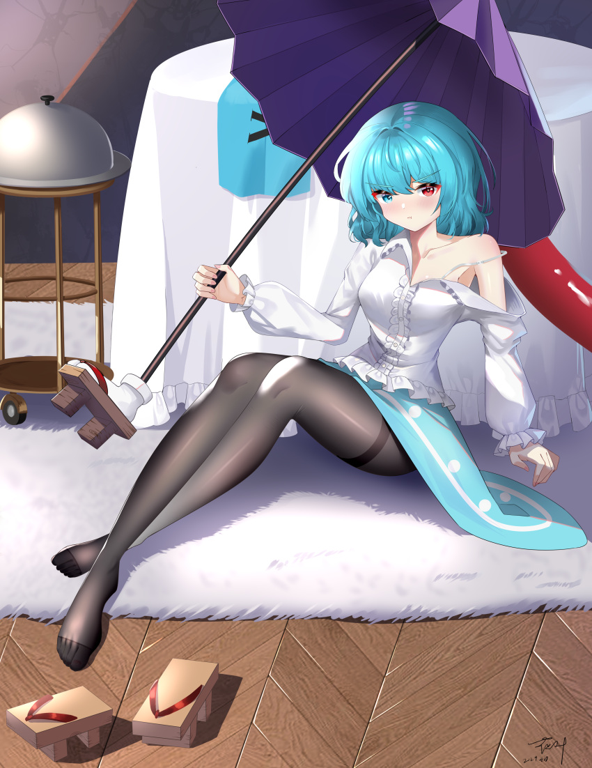 1girl :t absurdres black_pantyhose blue_eyes blue_hair blue_skirt blush breasts carpet closed_mouth collarbone commentary_request frown full_body geta heterochromia highres holding holding_umbrella indoors karakasa_obake long_sleeves looking_at_viewer medium_bangs medium_breasts medium_hair on_floor pantyhose pout purple_umbrella qinyuzhen red_eyes serving_dome shirt shoes signature single_bare_shoulder sitting skirt solo strap_slip table tablecloth tatara_kogasa tongue touhou umbrella unworn_shoes v-shaped_eyebrows white_shirt wooden_floor