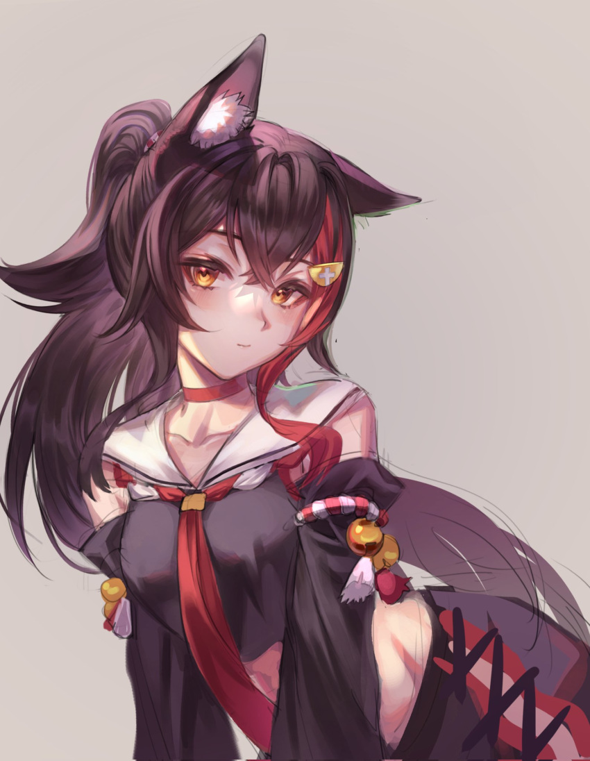 1girl animal_ear_fluff animal_ears black_hair breasts choker closed_mouth grey_eyes hair_between_eyes hair_ornament hairclip highres hololive koaen0024 long_hair looking_at_viewer medium_breasts multicolored_hair ookami_mio ookami_mio_(1st_costume) red_choker red_hair sailor_collar simple_background solo streaked_hair unfinished virtual_youtuber wolf_ears wolf_girl yellow_eyes