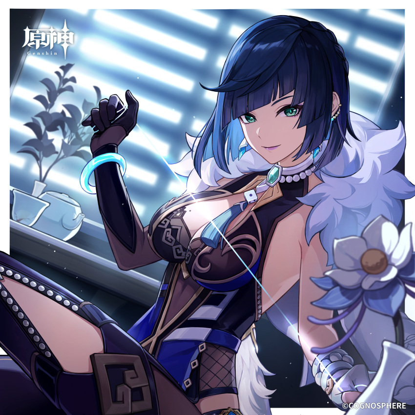 1girl absurdres aqua_eyes asymmetrical_gloves black_gloves black_pants blue_dress blue_hair blunt_bangs border bracelet breasts cleavage cleavage_cutout clothing_cutout commentary_request cup dress earrings flower genshin_impact glaze_lily gloves highres indoors jewelry large_breasts leggings looking_at_viewer mismatched_gloves official_art outside_border pants purple_lips short_hair sitting sleeveless sleeveless_dress smile teacup teapot thighs vase white_border white_gloves window_blinds yelan_(genshin_impact)