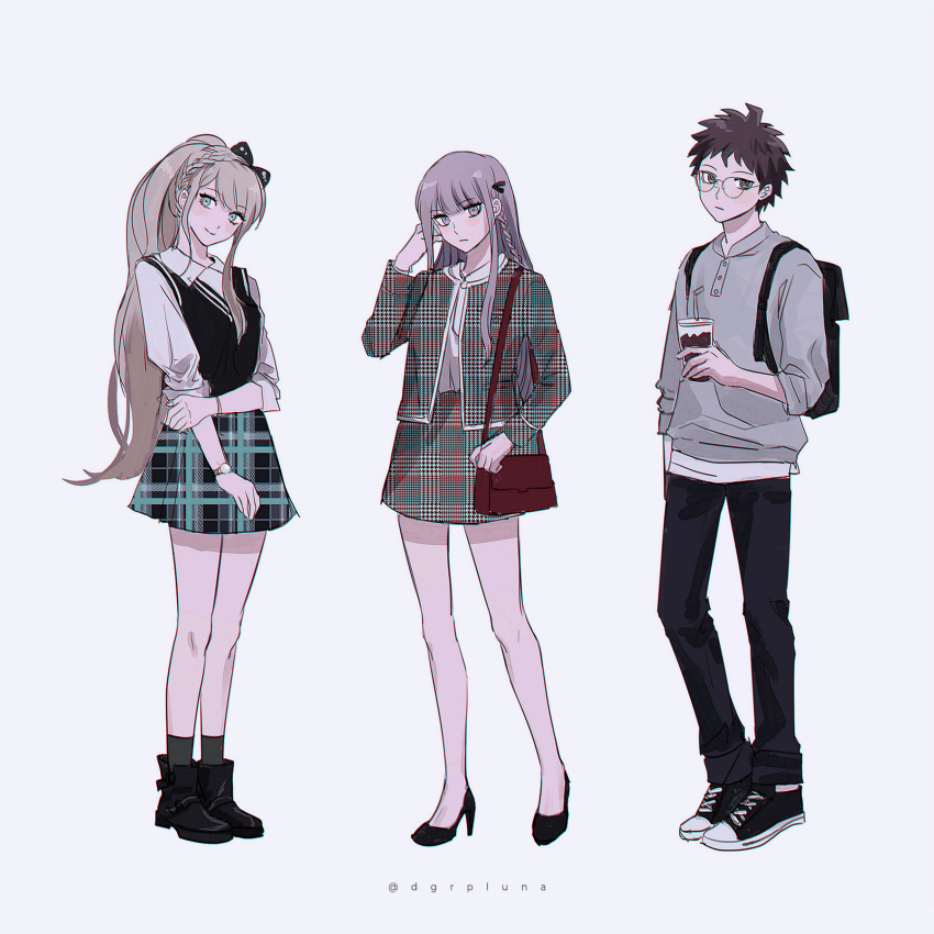 1boy 2girls ahoge alternate_costume ankle_socks artist_name backpack bad_id bad_twitter_id bag bare_legs bespectacled black_bag black_bow black_footwear black_jacket black_pants black_ribbon black_skirt black_sleeves black_socks black_vest blonde_hair blue_eyes blunt_bangs boleum_(dgrpluna) boots bow bracelet braid brown_hair closed_mouth collared_shirt commentary_request crown_braid cup danganronpa:_trigger_happy_havoc danganronpa_(series) danganronpa_2:_goodbye_despair disposable_cup drink drinking_straw fashion full_body glasses green_eyes grey_shirt grey_sleeves hair_bow hair_ribbon hand_in_own_hair hand_in_pocket hela_(high_energy_heroes) high_heel_boots high_heels highres hinata_hajime holding holding_drink jacket jewelry kirigiri_kyoko knees korean_commentary light_frown long_hair long_sleeves looking_at_viewer miniskirt multiple_girls necktie open_clothes open_jacket pants plaid plaid_jacket plaid_skirt plaid_sleeves purple_eyes purple_hair red_bag ribbon rolling_sleeves_up round_eyewear shirt shoes short_hair shoulder_bag simple_background single_braid single_sidelock skirt skirt_set sleeves_past_elbows sleeves_rolled_up smile sneakers socks sonia_nevermind straight_hair unmoving_pattern v-neck very_long_hair vest watch white_background white_necktie white_shirt white_sleeves white_undershirt wristwatch