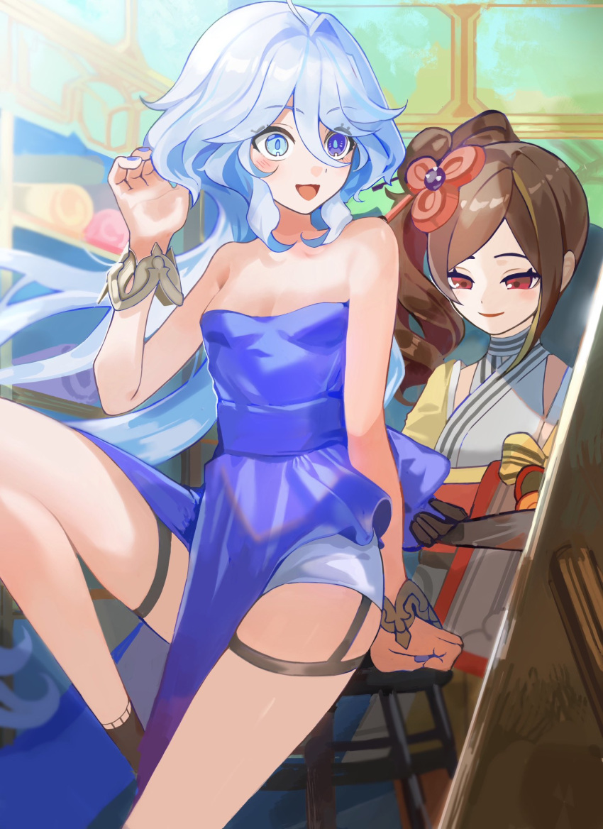 2girls :d alternate_costume bare_arms bare_legs bare_shoulders blue_dress blue_eyes blue_hair brown_hair chiori_(genshin_impact) commentary dress furina_(genshin_impact) garter_straps genshin_impact grey_kimono hand_up highres japanese_clothes kimono long_hair multiple_girls open_mouth pelvic_curtain popo_(mochimai275642) side_ponytail sitting smile strapless strapless_dress thigh_strap thighs very_long_hair wrist_cuffs