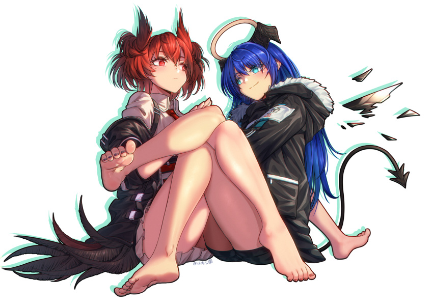 2girls arknights barefoot black_nails blue_hair demon_girl demon_horns demon_tail feet fiammetta_(arknights) halo highres holding_another's_legs holding_legs horns looking_at_another mostima_(arknights) multiple_girls nail_polish red_hair silhouette skirt soles tail thighs toenail_polish toenails toes white_background white_skirt yamauchi_(conan-comy) yuri