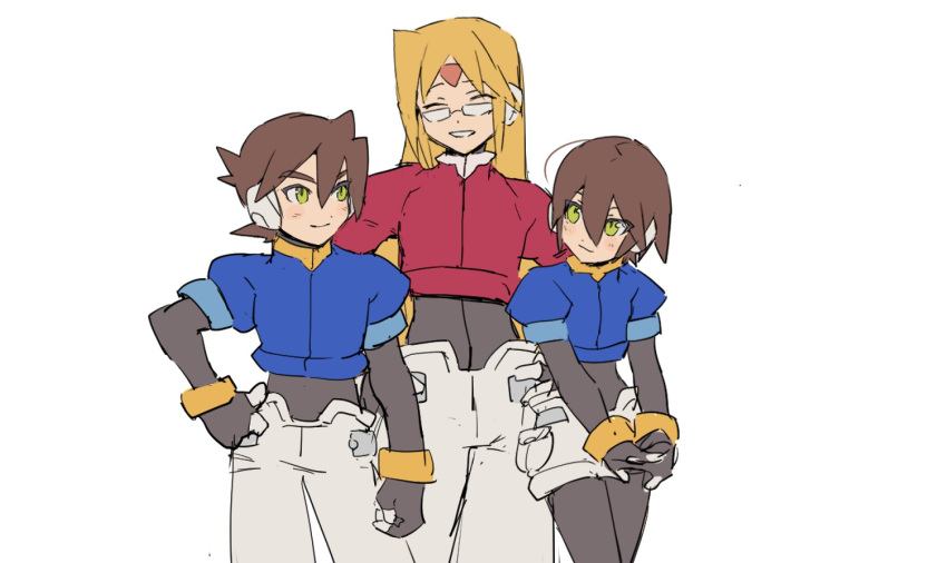 1girl 2boys aile_(mega_man_zx) black_bodysuit blonde_hair blue_jacket blush_stickers bodysuit brown_hair closed_eyes cowboy_shot cropped_jacket facial_mark forehead_mark girouette_(mega_man) glasses green_eyes highres jacket long_hair looking_at_another mayutsuba_mono mega_man_(series) mega_man_zx multiple_boys pants red_jacket robot_ears shorts simple_background sketch vent_(mega_man) white_background white_pants white_shorts