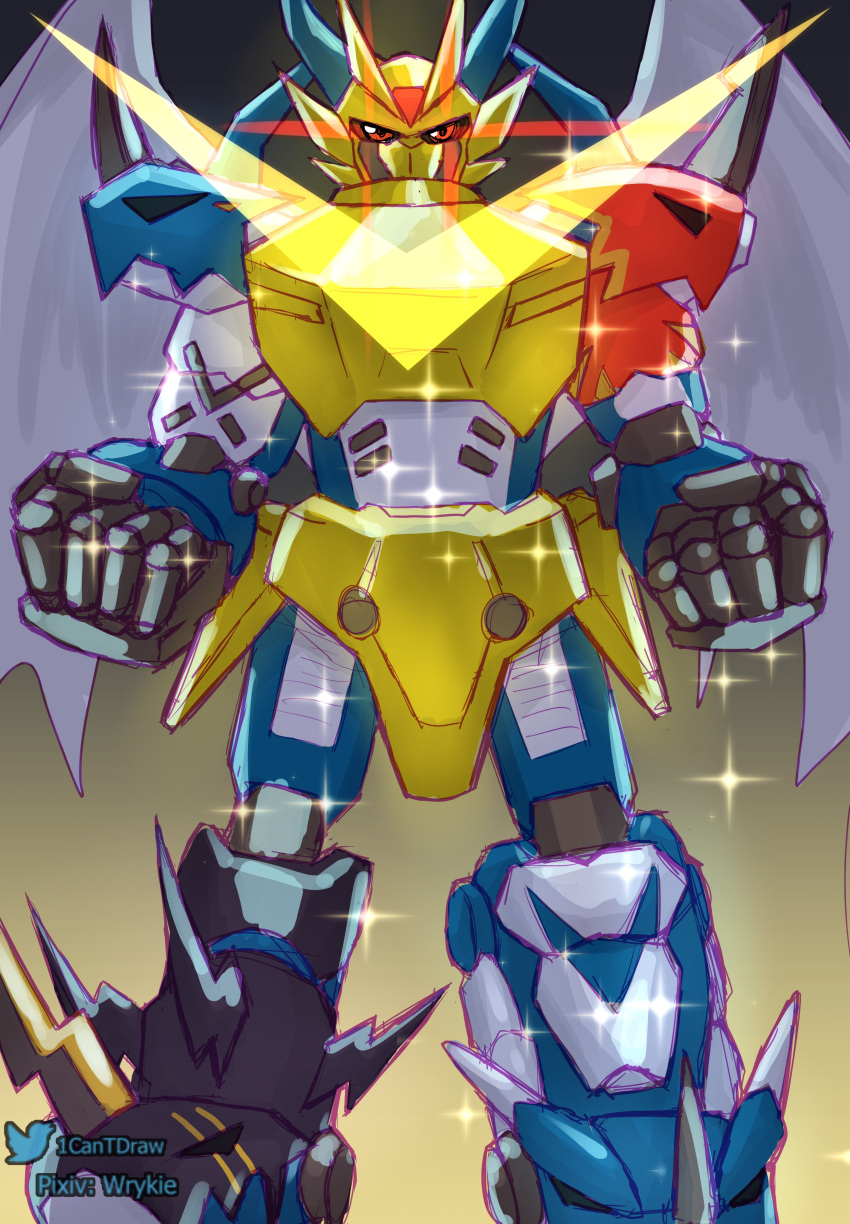 absurdres armor clenched_hands digimon dragon facial_mark fladramon forehead_mark fusion glowing glowing_eyes gold_armor gradient_background highres horns lighdramon magnamon mecha red_eyes richard_park robot shoulder_armor sparkle v-dramon xv-mon