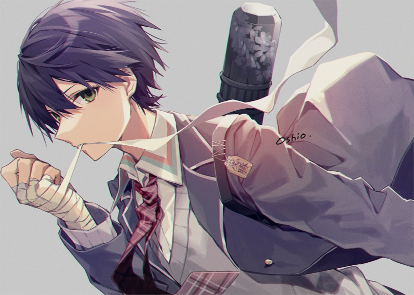 1boy bandaged_hand bandages black_jacket collared_shirt green_eyes grey_background grey_sweater jacket kenmochi_touya looking_at_viewer mouth_hold necktie nijisanji open_clothes open_jacket oshio_(dayo) plaid_necktie purple_hair red_necktie school_uniform shirt simple_background solo sweater upper_body virtual_youtuber white_shirt