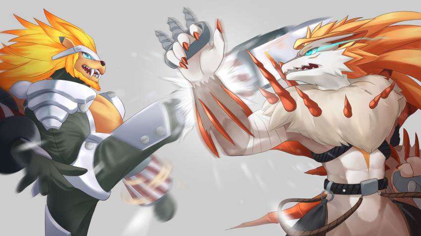 abs absurd_res angry anthro armor bandai_namco blonde_hair blue_eyes chaps digimon digimon_(species) duo erjetto fangs fight grappleomon hair hi_res kick male mane muscular muscular_anthro muscular_male red_hair spikes spikes_(anatomy) stefilmon teeth