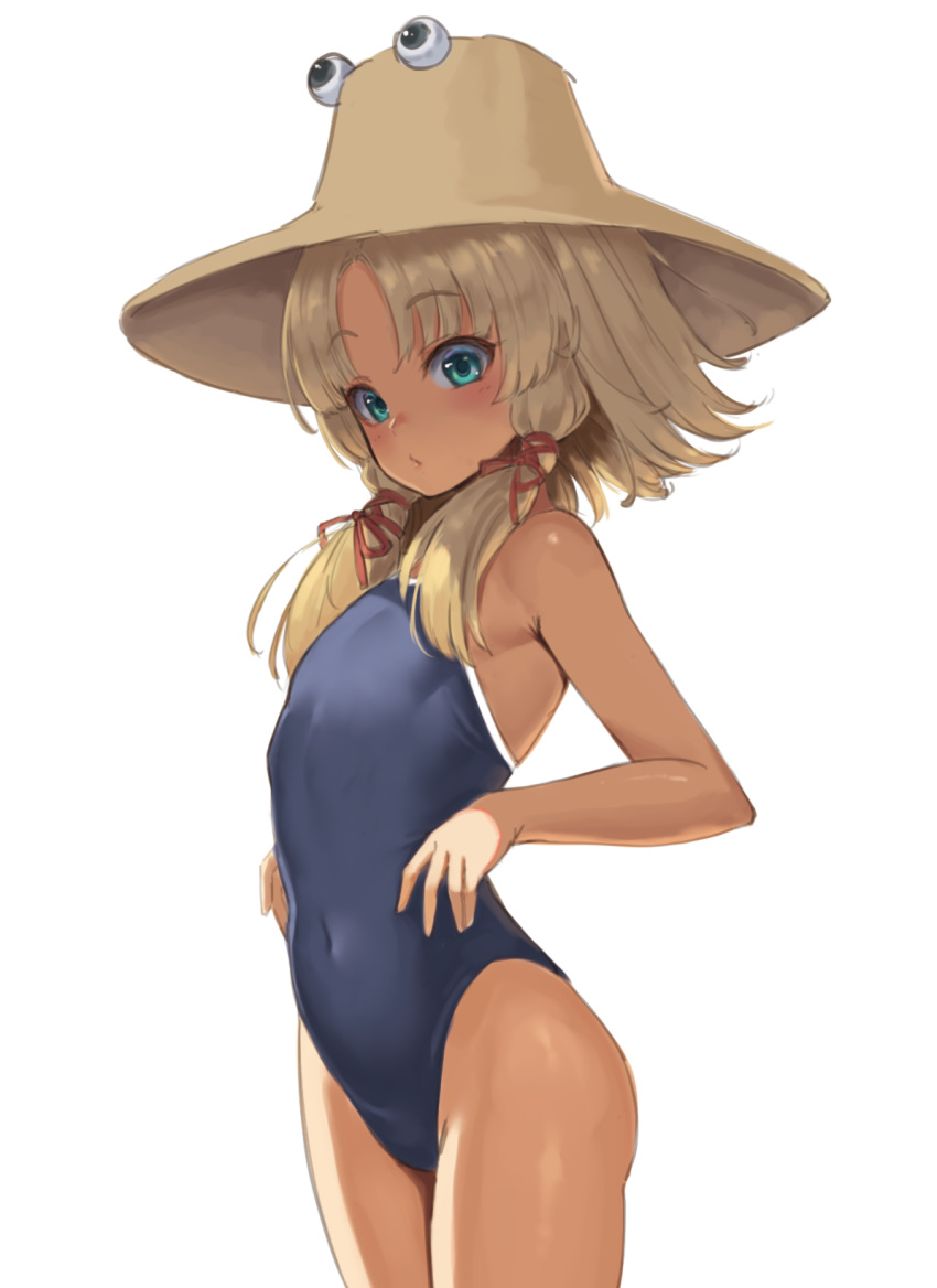 1girl alternate_costume blonde_hair blue_one-piece_swimsuit blush covered_navel green_eyes highres looking_at_viewer moriya_suwako one-piece_swimsuit petite pyonta ranma_(kamenrideroz) simple_background solo swimsuit tan touhou white_background