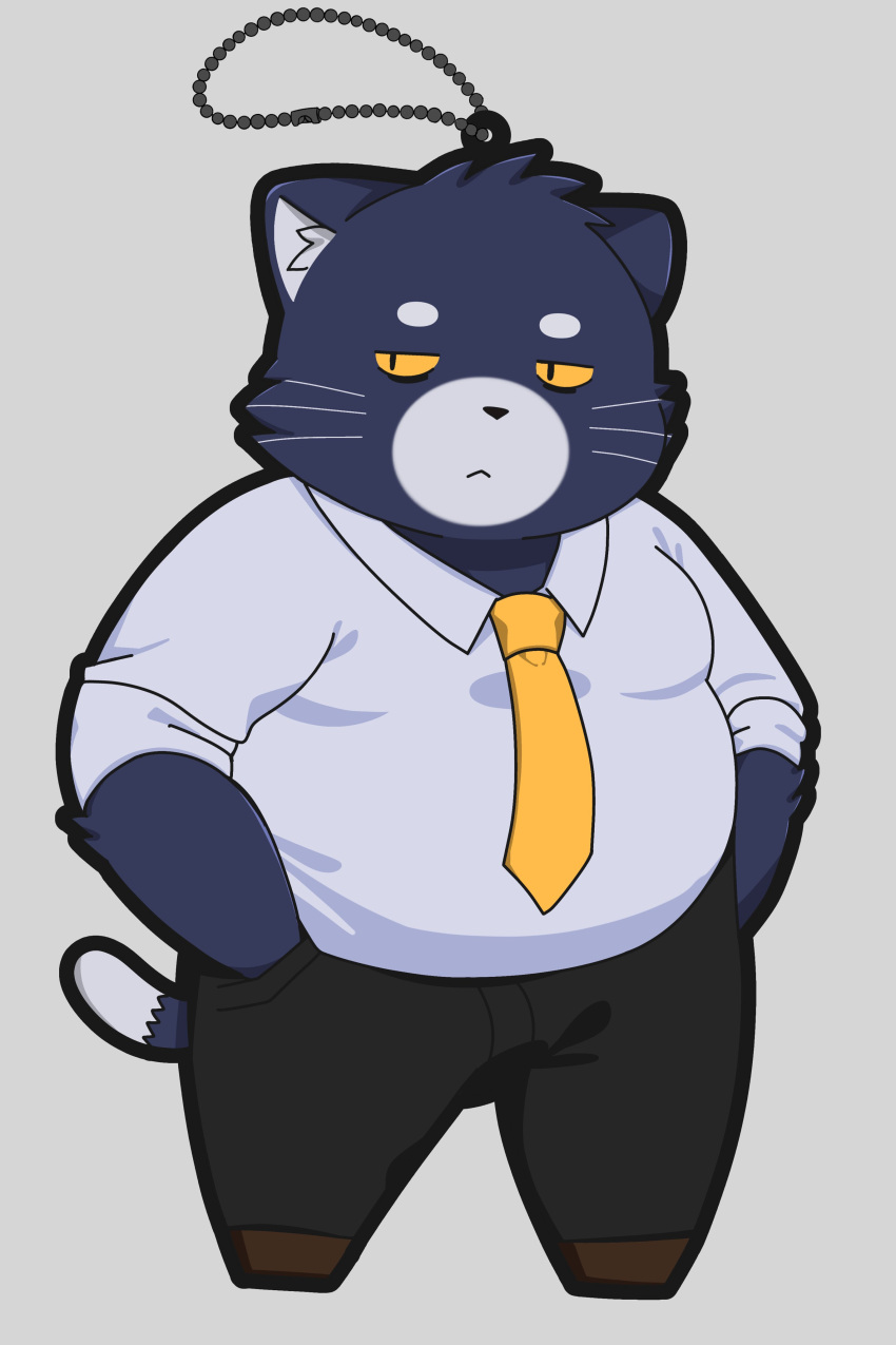 2024 absurd_res anthro belly black_nose bottomwear chibi clothing domestic_cat felid feline felis hi_res kemono male mammal necktie overweight overweight_male pants shirt simple_background solo topwear trail_arnak