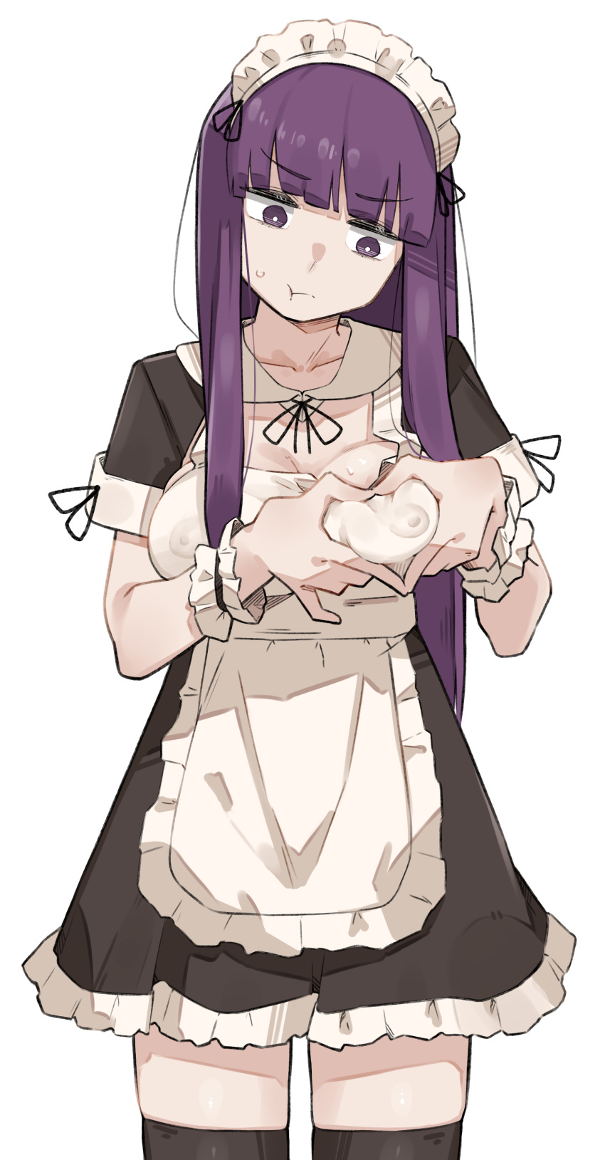 1girl :t absurdres apron black_dress black_thighhighs blunt_bangs breast_lift breasts bright_pupils covered_nipples cowboy_shot dress fern_(sousou_no_frieren) frilled_dress frills heart heart-shaped_boob_challenge heart_hands highres jitome long_hair maid_headdress no_bra pout purple_eyes purple_hair sattinittas short_sleeves simple_background solo sousou_no_frieren sweat thighhighs white_background white_pupils