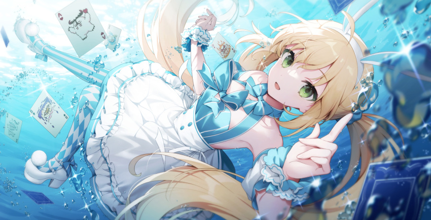 artoria_caster_(fate) artoria_caster_(swimsuit)_(fate) artoria_caster_(swimsuit)_(second_ascension)_(fate) artoria_pendragon_(fate) blonde_hair bubble card cernunnos_(fate) con_(fate) fate/grand_order fate_(series) floating frills green_eyes headdress highres ribbon smile thighhighs underwater water yuui1994
