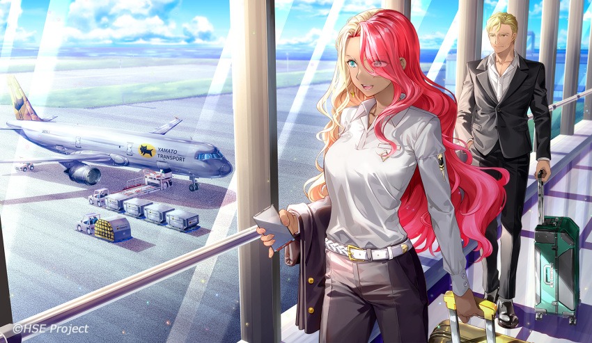1boy 1girl aircraft airplane alice_summerwood aqua_eyes belt black_footwear blonde_hair blue_sky breasts cellphone cloud commentary_request eyes_visible_through_hair fujima_takuya hair_over_one_eye highspeed_etoile long_hair long_sleeves medium_breasts motor_vehicle multicolored_hair official_art phone red_hair richard_parker_(highspeed_etoile) rolling_suitcase shirt sky smartphone suit suitcase truck white_shirt