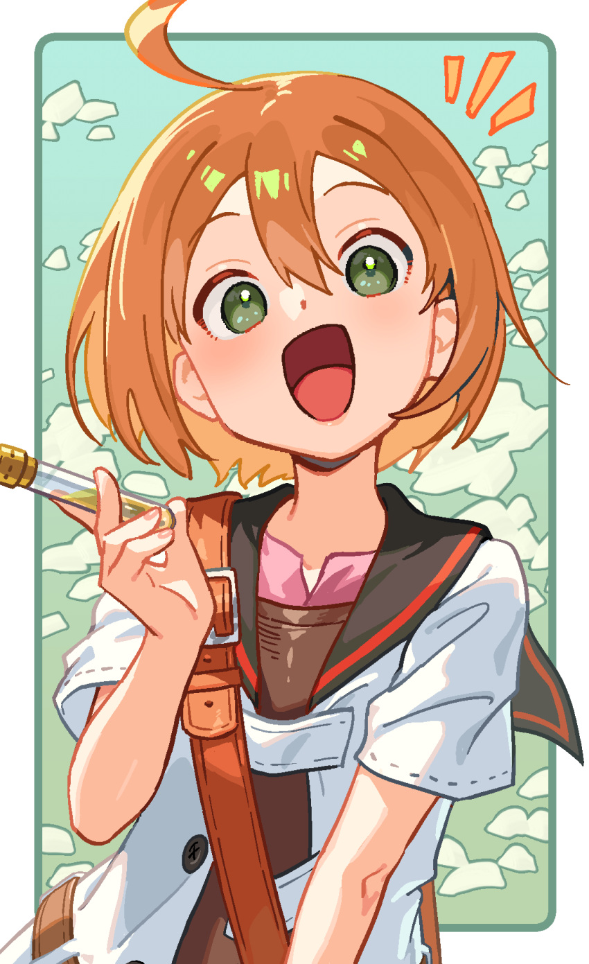 1girl ahoge bag bob_cut border buttons emphasis_lines green_background highres holding holding_test_tube lab_coat medic_(sekaiju) medic_2_(sekaiju) mya-zawa open_mouth orange_hair sailor_collar sekaiju_no_meikyuu sekaiju_no_meikyuu_1 short_hair shoulder_bag solo test_tube upper_body white_border