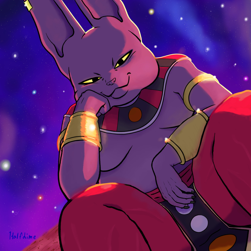 anthro black_nails bracelet champa collar colored_nails cosmic_background domestic_cat dragon_ball dragon_ball_super ear_piercing ear_ring elbow_on_knee felid feline felis glowing glowing_eyes gold_(metal) gold_jewelry hairless hairless_cat half_dime hand_on_cheek hi_res holding_head jewelry long_ears male mammal nails overweight overweight_male piercing purple_body purple_skin ring_piercing shirtless_male sitting smile smiling_at_viewer smug solo space space_background yellow_eyes