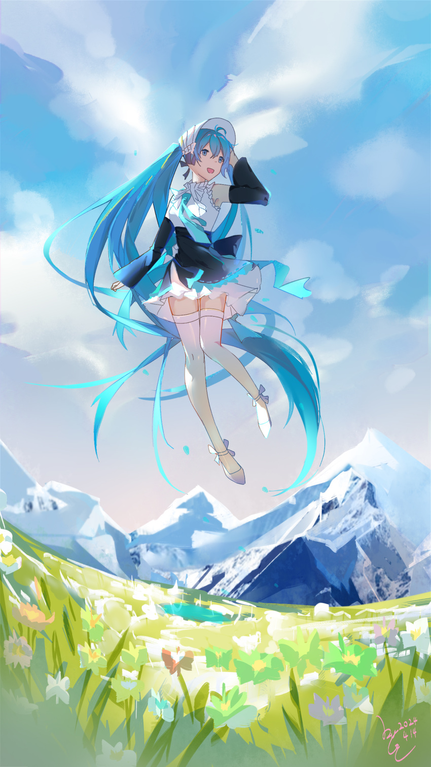 1girl absurdly_long_hair absurdres aqua_eyes aqua_hair aqua_necktie black_skirt black_sleeves blue_sky chinese_commentary cloud cloudy_sky commentary_request dated_commentary day detached_sleeves field floating flower flower_field frilled_shirt frilled_shirt_collar frills full_body grass hatsune_miku highres long_hair long_sleeves miniskirt mountain mountainous_horizon necktie open_mouth outdoors shirt shoes skirt sky smile solo thighhighs twintails very_long_hair vocaloid wen_chen white_hat white_shirt white_thighhighs wide_shot
