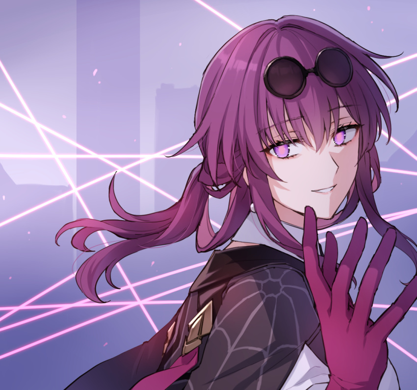 1girl black-framed_eyewear breasts eyewear_on_head from_side gloves hair_rings hand_up honkai:_star_rail honkai_(series) kafka_(honkai:_star_rail) long_hair looking_at_viewer looking_to_the_side medium_breasts purple_eyes purple_gloves purple_hair round_eyewear shirt smile solo somechime_(sometime1209) sunglasses upper_body white_shirt